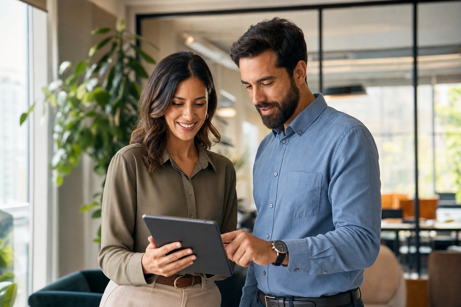 Equipe de gestão revisando indicadores de cultura organizacional em um tablet