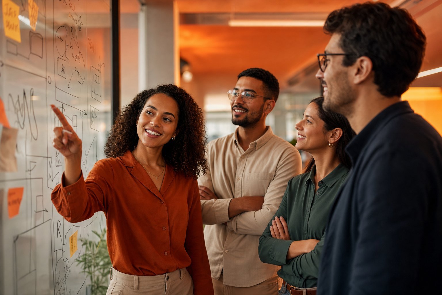 Equipe colaborando em torno de um quadro com um plano de ação