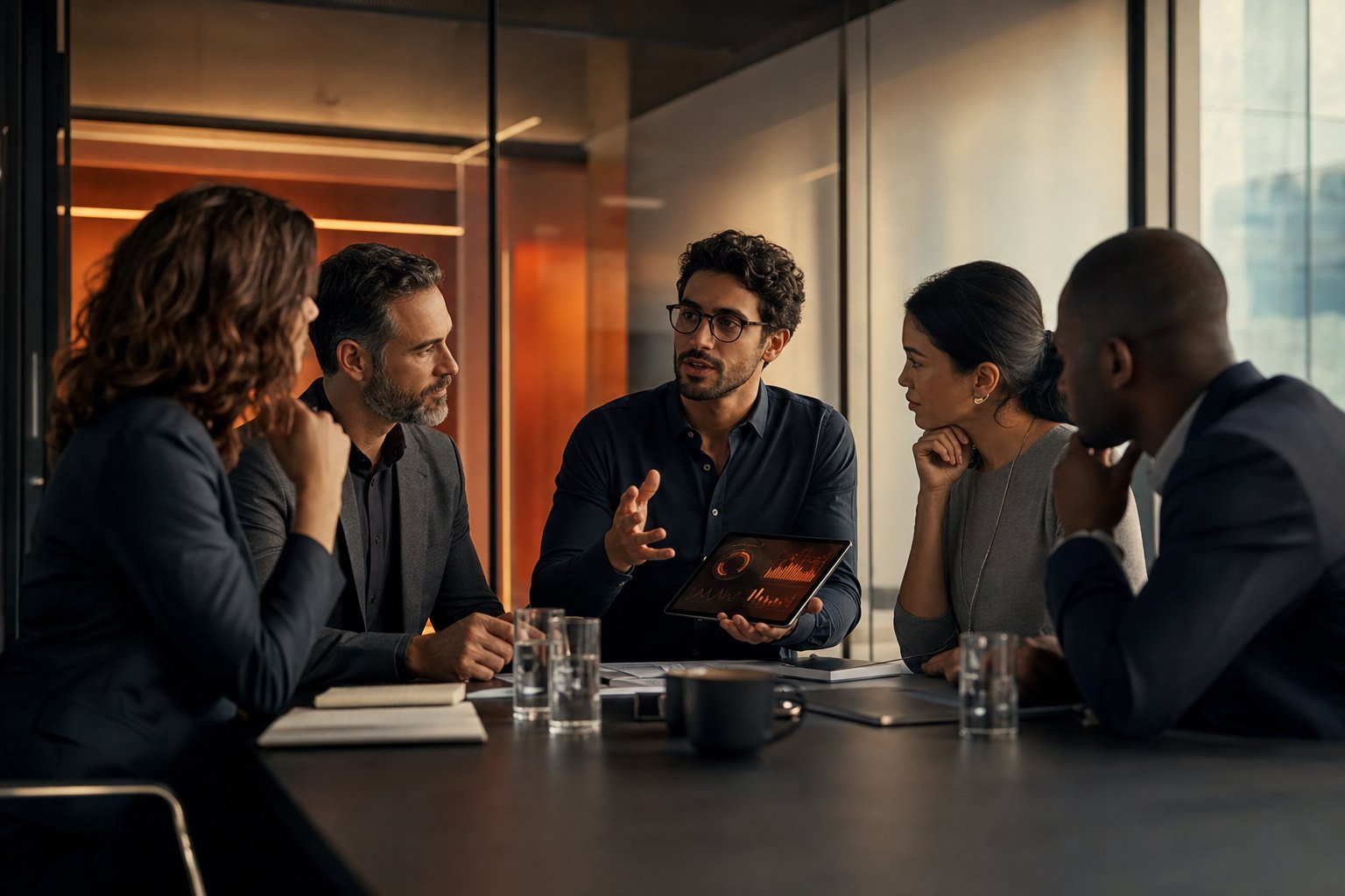 Equipe de gestão discutindo indicadores de cultura organizacional em uma sala de reuniões