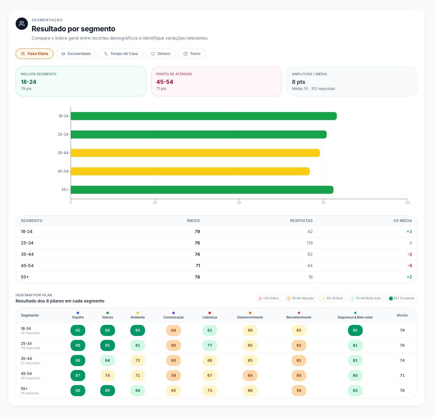Tela de resultado por segmento com comparativo por recortes e heatmap por pilar